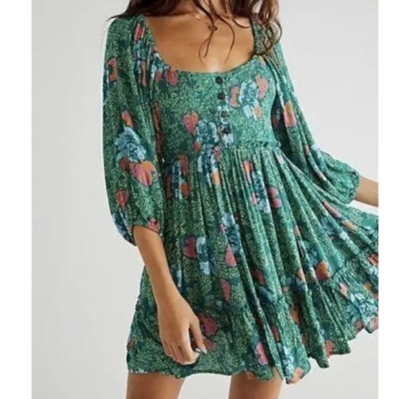 FREE PEOPLE green print open back flounce mini dress. XL - Picture 9 of 13